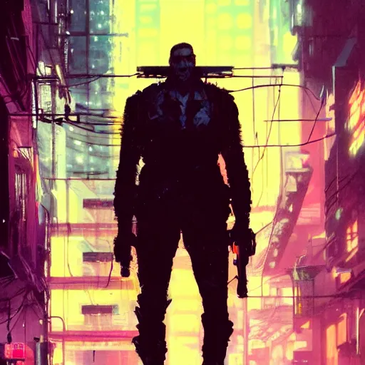 Image similar to a tall, broad-shouldered man standing in a neon lit alleyway, cyberpunk art, dramatic lighting, illustration by Greg rutkowski, yoji shinkawa, 4k, digital art, concept art, trending on artstation