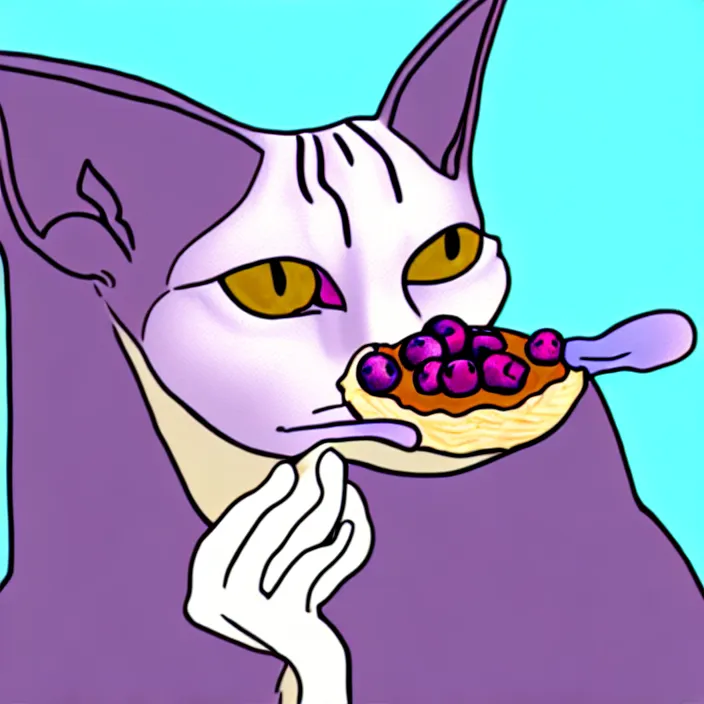 Prompt: an anthropomorphic sphynx cat eating blueberry pie, deviantart, furry, low quality, ms paint