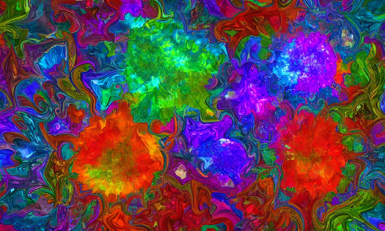 Image similar to acrylics blob voronoi engine laboratory 3 d volume kaleidoscope mandala fractal chakra digital multicolor stylized concept substance liquid nebula stone, a spectacular view cinematic rays of sunlight comic book illustration, by john kirby radiating a glowing aura global illumination ray tracing hdr depth fog overlay multiply photoshop layer