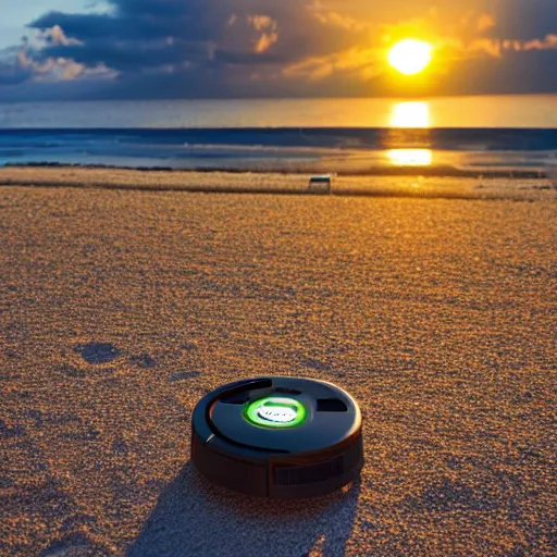 Prompt: roomba chilling on the beach, sunset