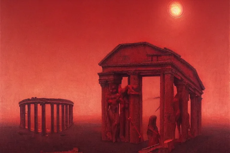 Image similar to only with red, caesar after war, a red tiger, in hoc signo vinces, rome in background, an ancient path, in the style of beksinski, part by hopper, part by rodcenko, part by hofbauer, intricate composition, red by caravaggio, insanely quality, highly detailed, masterpiece, red light, artstation