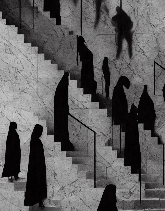 Prompt: several figures shrouded in a long trailing dark grey opaque gown, descending in tandem down a giant marble staircase in a dark room, photorealism, hyperrealism, harsh lighting, dramatic lighting, medium shot, serious, gloomy, foreboding, cinematic