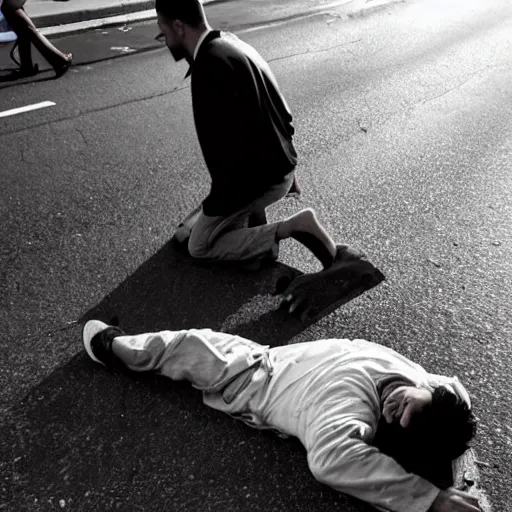 Prompt: Drunk man passed out in the street