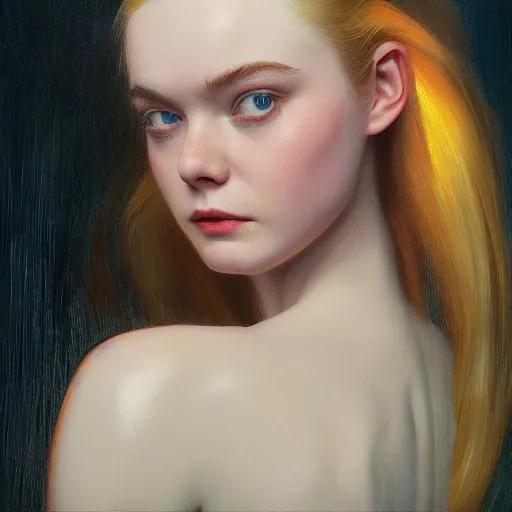 Image similar to Elle Fanning at a funeral in the style of Paola Vetri, head and shoulders portrait, stormy weather, extremely detailed masterpiece, oil on canvas, low-key neon lighting, artstation, Blade Runner 2049, Roger Deakin’s cinematography, by J. C. Leyendecker and Peter Paul Rubens and Edward Hopper and Michael Sowa,