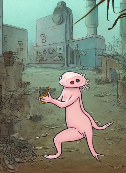 Image similar to humanistic anthropomorphic female axolotl exploring the ruins of chernobyl wasteland, front face