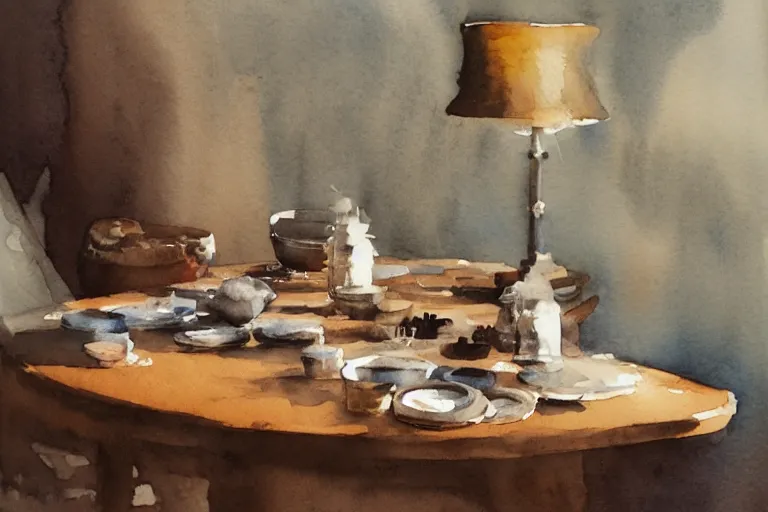 Prompt: small centered on watercolor paper, paint brush strokes, abstract watercolor painting of silver coins on polished oak table, sticks, cinematic light, american romanticism by hans dahl, by jesper ejsing, by anders zorn, by greg rutkowski, by greg manchess, by tyler edlin