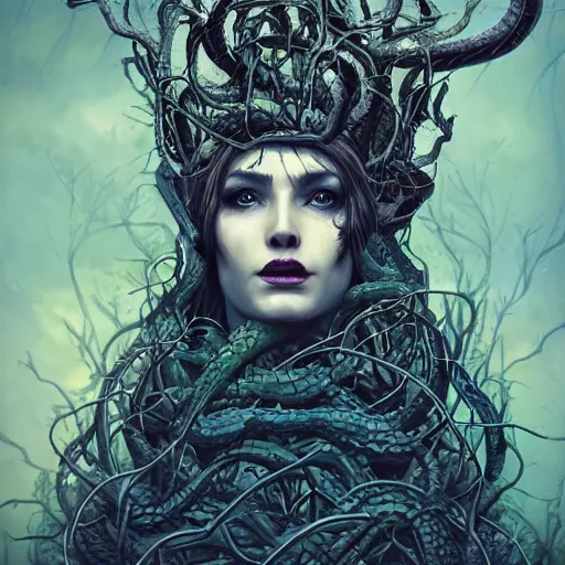 Image similar to dramatic portrait of the dark queen of snakes wearing a crown of snakes, blue skin, realism, dark fantasy illustration, surrounded by vines in a dead forest, dynamic lighting, octane render, artstation