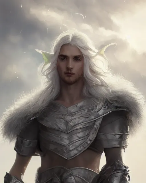 Image similar to portrait, beautiful male elf, long wavy white hair, super detailed, light black armor with silver accenting, silver jewelry, fur lined cape, 8 k, filmic, octane render, sunlight, clouds, artstation, greg rutkowski, rossdraws, william bouguereau, sharp focus