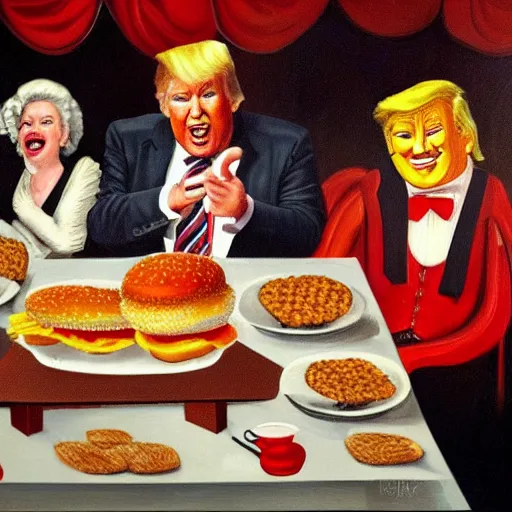 Image similar to donald trump having a banquet with ronald mcdonald the kfc colonel and the burger king in a castle. oil painting.