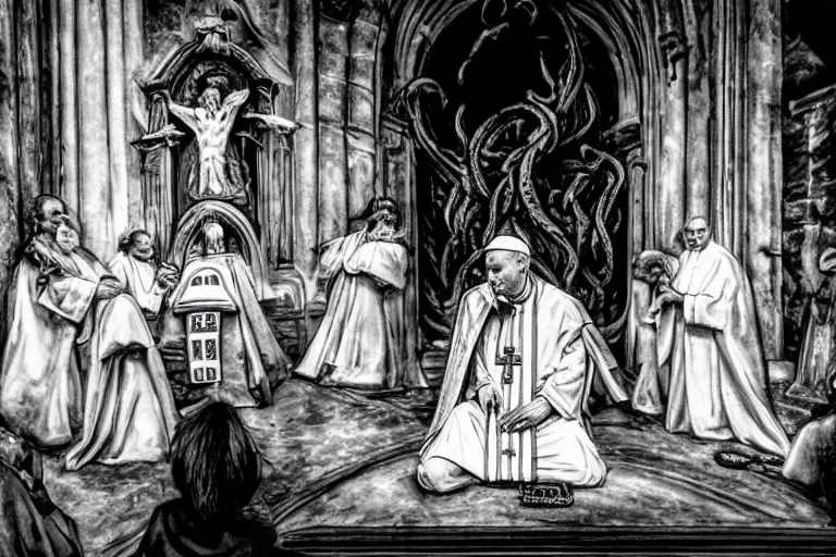 Image similar to photography group circle pope priest in an invoking ritual in front of a viscosity cthulhu within a lovecraft portal in a baroque intricate church