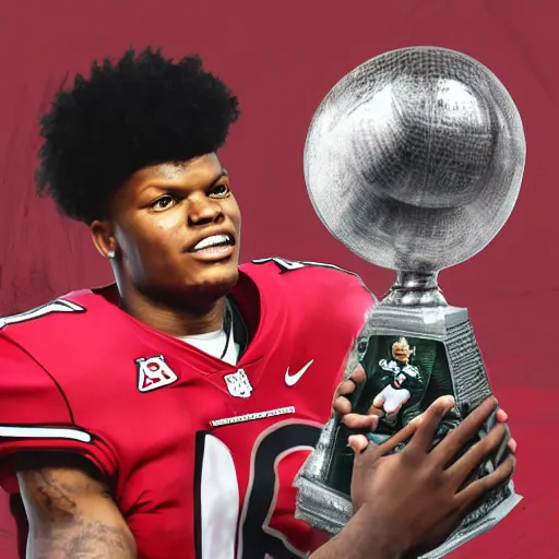 Image similar to a portrait of Lamar Jackson holding Lombardi Trophy, detailed and realistic face, 8k