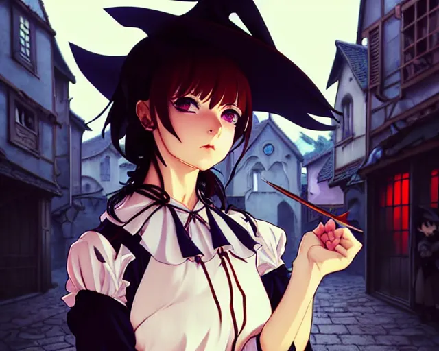 Image similar to ilya kuvshinov, moody, key anime visual portrait of a young female witch walking through a busy medieval village, dynamic pose, dynamic perspective, cinematic, dramatic lighting, muted colors, detailed silhouette, textured, anime proportions, alphonse mucha, perfect anime face,, yoh yoshinari, takashi murakami