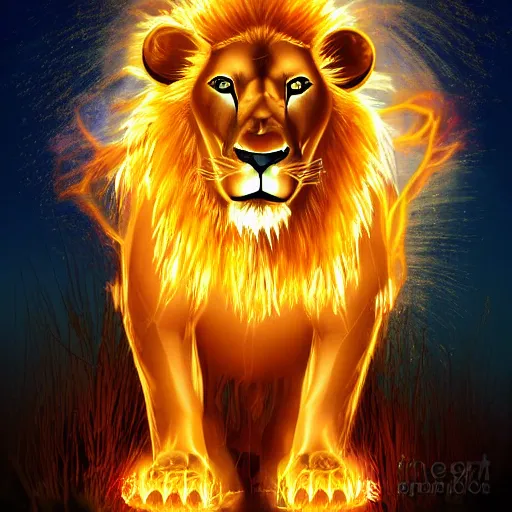 Prompt: a magical lion made of fire surrounded by glowing white runes. by sam kanios