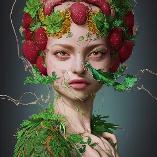 Image similar to the portrait of an absurdly beautiful, graceful, elegant, sophisticated, chaste woman made of strawberries and green petals looking up, an ultrafine hyperdetailed illustration by kim jung gi, irakli nadar, intricate linework, bright colors, octopath traveler, final fantasy, unreal engine 5 highly rendered, global illumination, radiant light, detailed and intricate environment