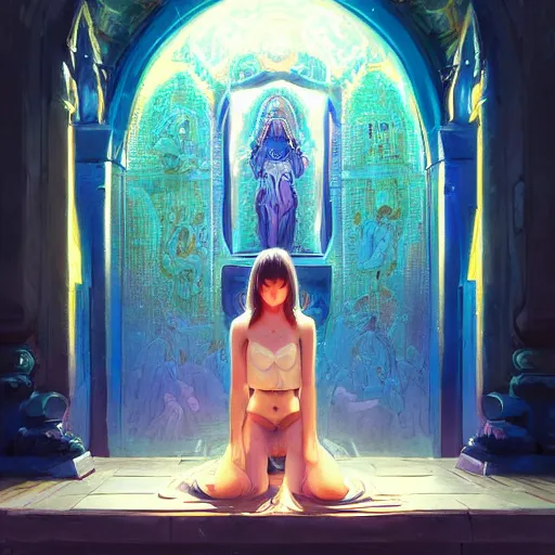 Image similar to Art station concept of a beautiful girl kneeling in front of a religious shrine, Hypnosis, Trance, symmetrical face, smooth body features, by Stanley Artgerm Lau, WLOP, Rossdraws, James Jean, Andrei Riabovitchev, Marc Simonetti, and Sakimichan, trending on artstation