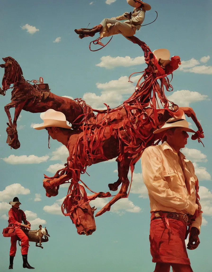 Prompt: a cowboy turning into blooms by slim aarons, by zhang kechun, by lynda benglis. tropical sea slugs, angular sharp tractor tires. complementary colors. warm soft volumetric light. national geographic. 8 k, rendered in octane, smooth gradients. manly cowboy riding by edward hopper and frank frazetta. red accents.