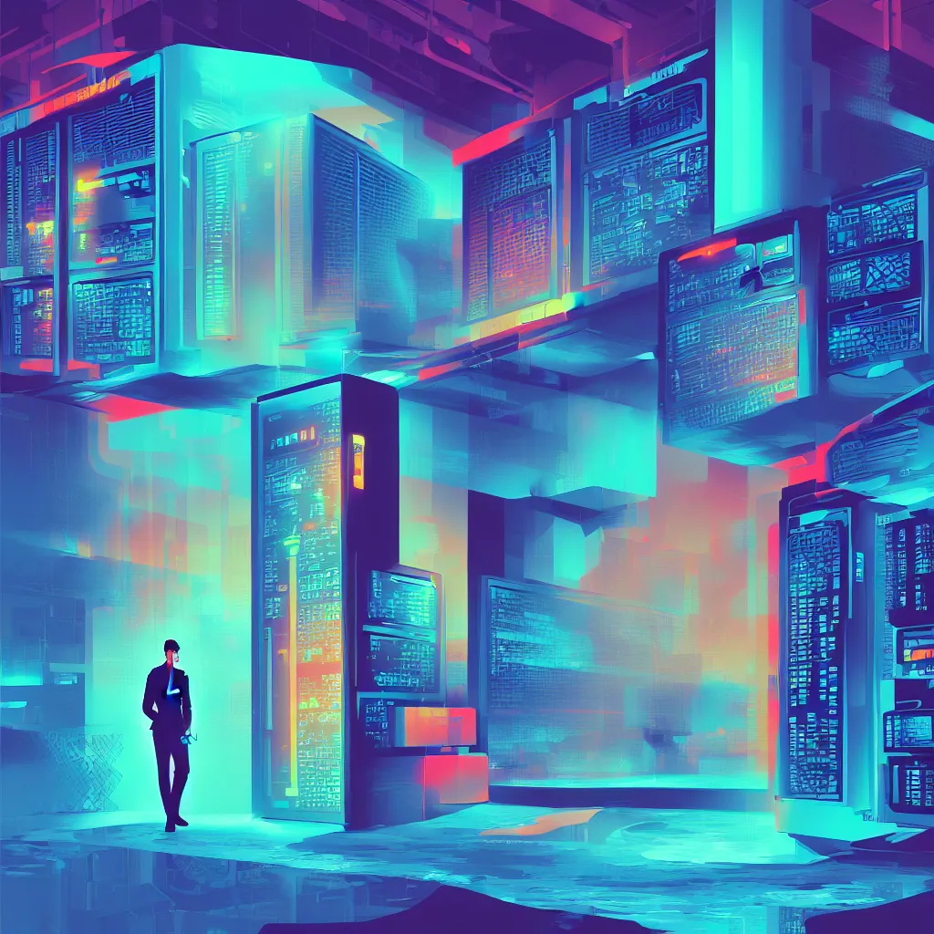 Prompt: illustration of a data-center architecture or schema, security agent with sunglasses, datastream or river, painting by Jules Julien, Leslie David and Lisa Frank and Peter Mohrbacher and Alena Aenami and Dave LaChapelle muted colors with minimalism