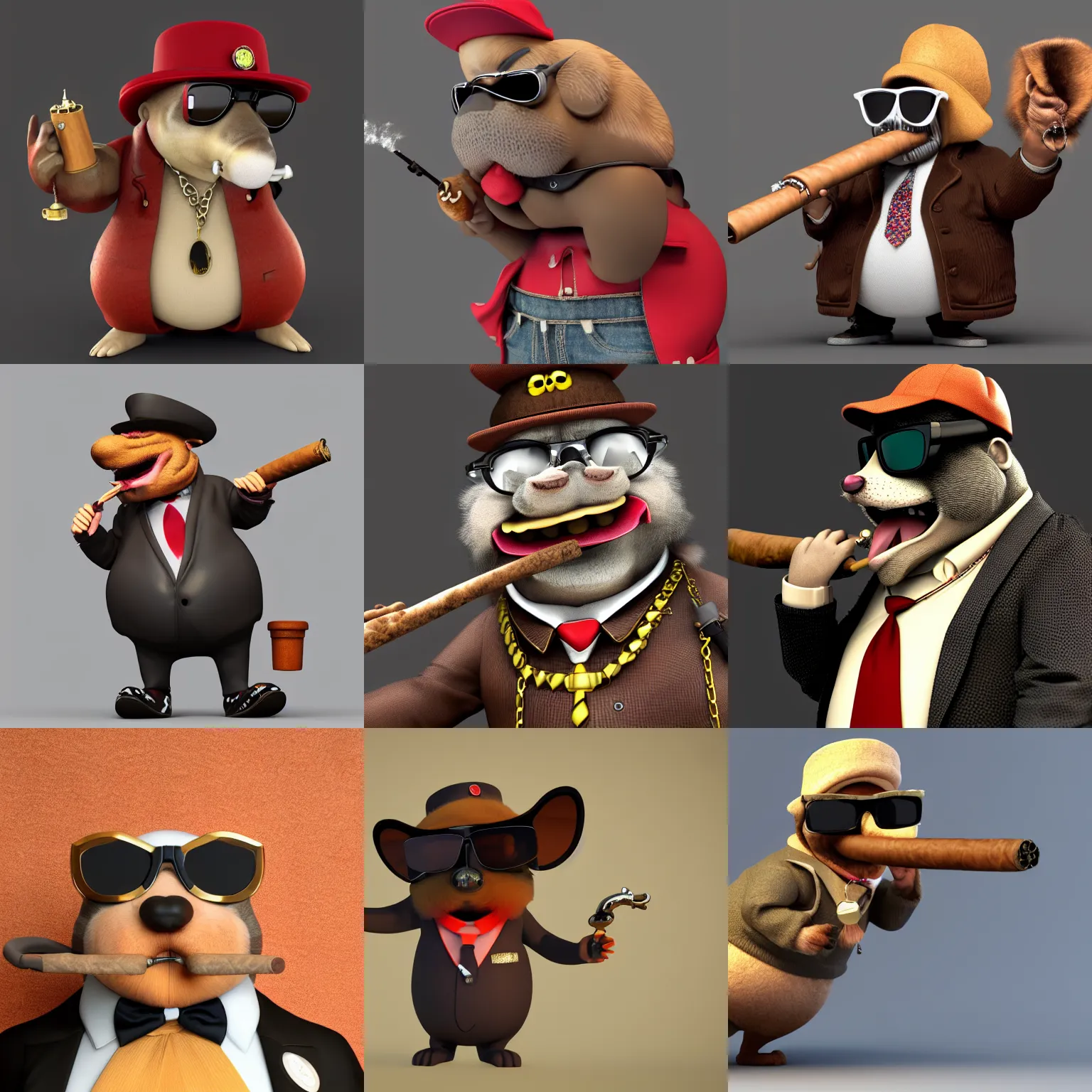 Prompt: chubby anthropomorphic gangster rat smoking an enormous cigar, wearing a chain, wearing sunglasses and a cap, long fur, anthropomorphic, detailed, blender, 3d render, 4k