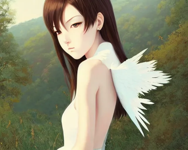 Image similar to infinitely detailed full - body portrait pale female peaceful dream angel wearing elegant clothes. beautiful! scenery art! by wlop & murata range, by ilya kuvshinov. artstation!! / pixiv!!