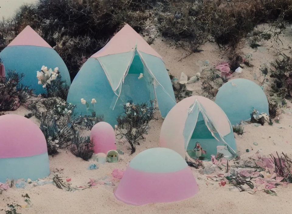 Prompt: a pastel coloured vintage family holiday photo of an empty beach from an alien dreamstate world with chalky pink iridescent!! sand, reflective lavender ocean water, dim bioluminescent plant life and an igloo shaped plastic transparent bell tent surrounded by holiday clutter opposite a pit with an iridescent blue flame flickering. glare. refraction, volumetric light.