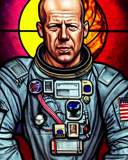 Prompt: stained glass window of Armageddon movie, face-centred portrait Bruce Willis as astronaut, D&D, fantasy, highly detailed, digital art, fantasy illustration, trending on artstation, smooth, sharp focus, illustration, art by artgem and ROBERT HYNES