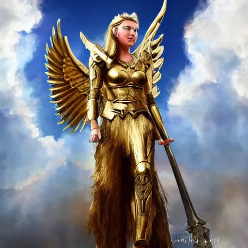 Image similar to a valkyrie warrior with angel wings flying with golden armor in front of a sky background, digital art, highly detailed, photorealism, hyperrealistic