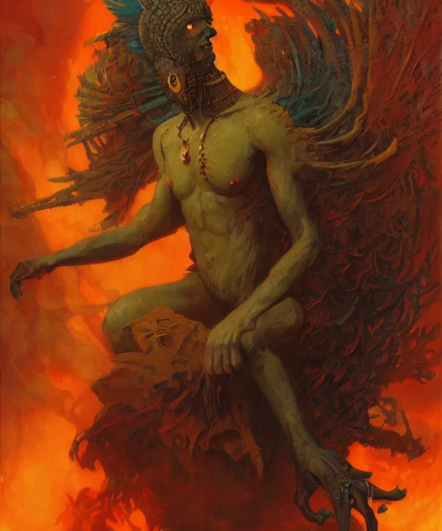 Image similar to horus, glowing fiery background, in the style of peter mohrbacher, wayne barlowe, gustav moreau, bussiere, roberto ferri, santiago caruso, luis ricardo falero, austin osman spare, colorful