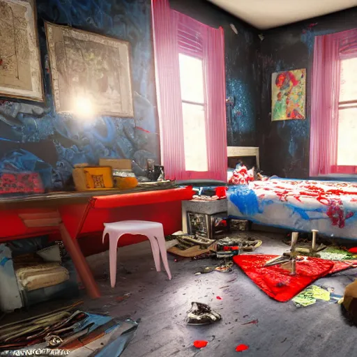 Prompt: male artist's messy, cluttered, dirty bedroom with black wallpaper with blue floral pattern and a large bold red christian cross crucifix on the wall. items covering floor. realistic, highly detailed, sharp focus, volumetric lighting, full shot, 3 5 mm, unreal engine,