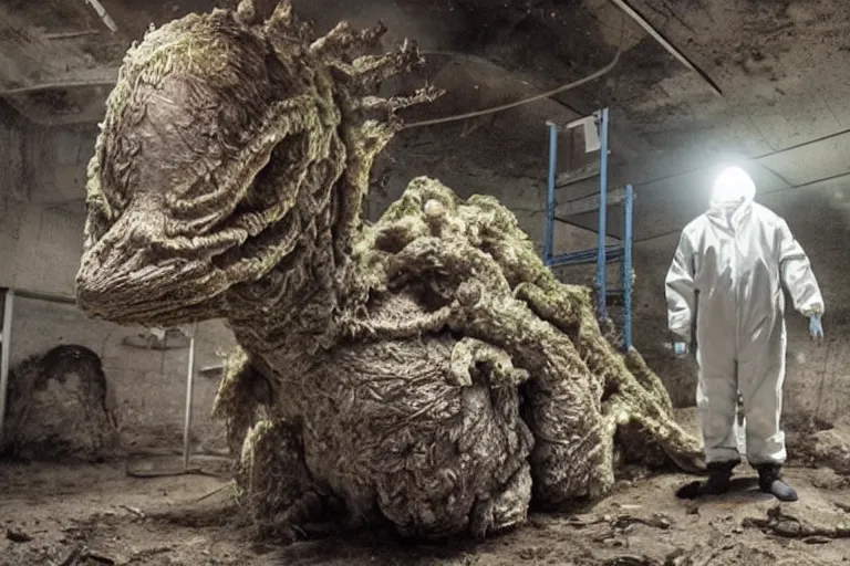 Prompt: a man in a hazmat suit looks on helplessly as a huge alien fungus monster grows out of control in a creepy underground lab with science and computer equipment