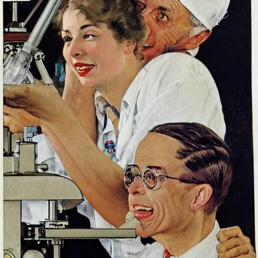 Prompt: male and female scientists in love with each other instead of researching, by norman rockwell