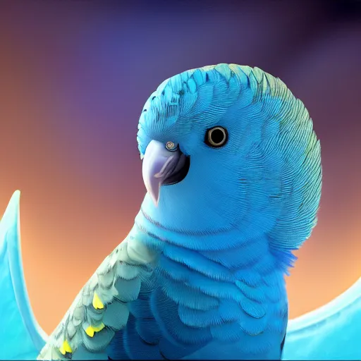 Image similar to an oil painting of a blue budgie with dragon wings, hd, hdr, ue 5, ue 6, unreal engine 5, cinematic 4 k wallpaper, 8 k, ultra detailed, high resolution, artstation, award winning