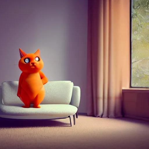 Image similar to A fat, cute orange cat in a beautiful room, cozy, octane render by Goro Fujita, details, lights, beautiful, 4K, 8K