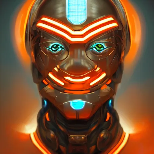 Prompt: Cybernetic man portrait, floating metal and radiant orange light, in the style of WLOP and tony sart