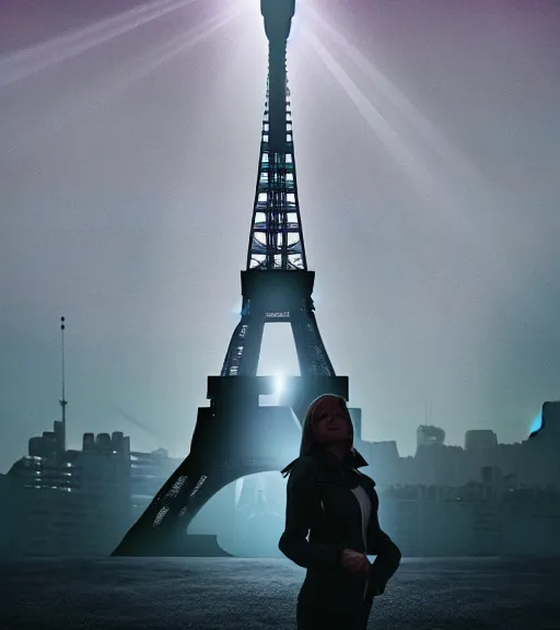 Prompt: dramatic lighting scene of a me in 2 0 5 0 future eiffel tower. moody and melancholy. with a little bit of lens flare. digital art by beeple