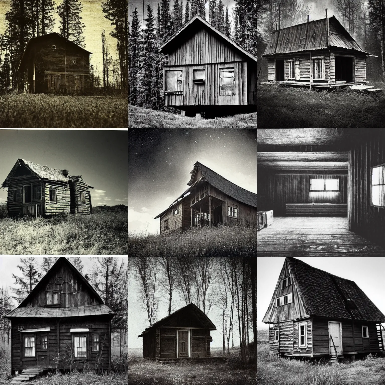 Prompt: wooden house in the middle of nowhere in sci-fi space with very dark and disturbing atmosphere, old vintage photo