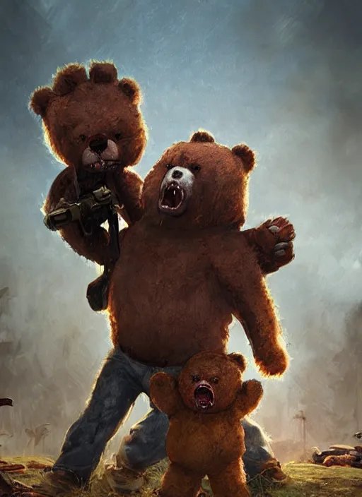 Prompt: a teddy bear fights off zombies to protect a crying child, portrait, dramatic lighting, cinematic, establishing shot, extremly high detail, photo realistic, foto realistic, cinematic lighting, post processed, concept art, artstation, matte painting, style by eddie mendoza, raphael lacoste, alex ross