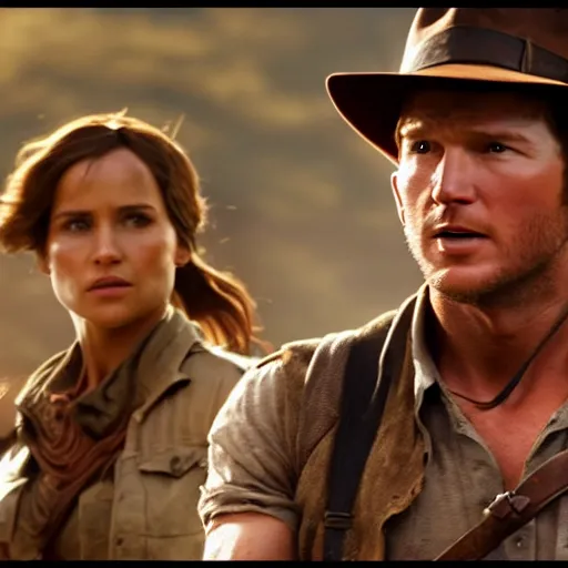 Image similar to still from the movie with Indiana Jones (played by chris pratt), Lara Croft (played by Alicia Vikander) and Nathan Drake (played by tom holland), award-winning cinematography, 4k