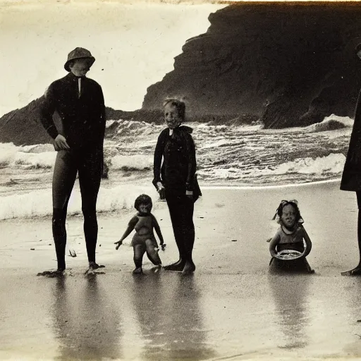 Prompt: a wet plate collodion photo of a Victorian seaside scene, twin girls and an older brother paddle in the lapping waves, watched by their nanny standing on the beach