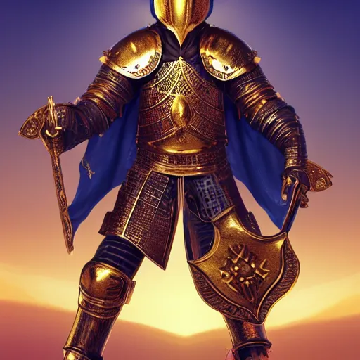 Image similar to a highly detailed knight in a T golden helmet and a golden crown with a blue diamond in the center of the crown, golden armor, leather clothes under the armor, leather gloves, holds a black sword, artstation, DeviantArt, professional, octane render, sunset lighting