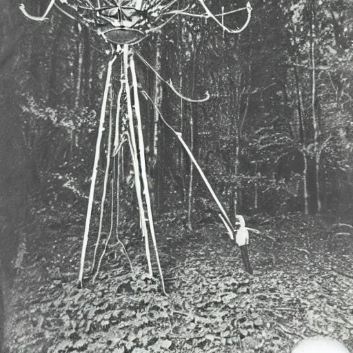 Prompt: old polaroid depicting a small intricate metallic alien probe, standing in a forest clearing