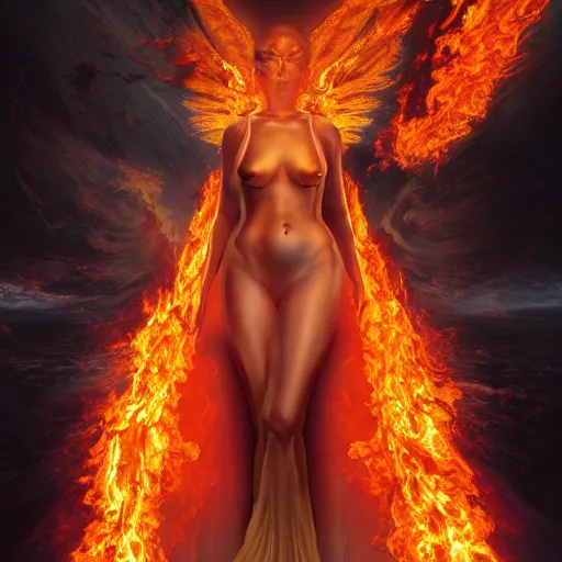 Prompt: A stunning photo of a goddess with a body engulfed in flames by Jim Burns, 8K UHD, intricate, fantasy, Trending on artstation.