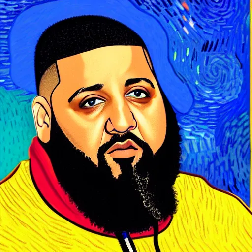 Prompt: ultra realistic portrait of dj khaled in a studio, ultra detailed, under blue, red and yellow cinematic lighting, by van gogh, cartoon