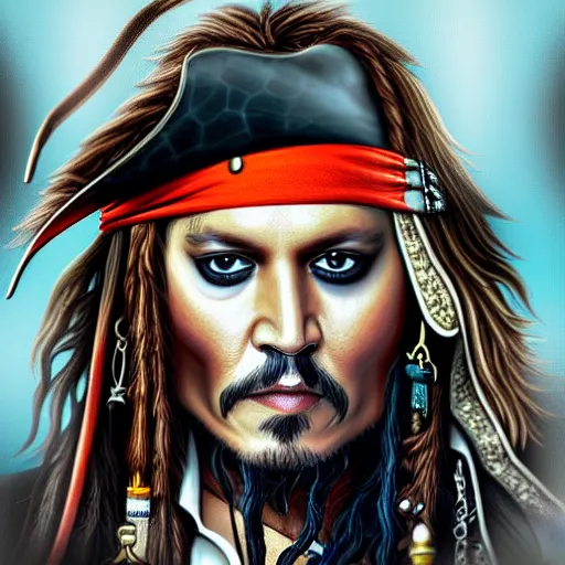 Image similar to portrait of johnny depp as captain jack sparrow, highly detailed, centered, solid color background, digital painting