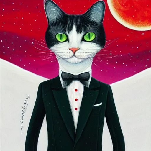 Image similar to portrait illustration of funny brittish cat with big green eyes, in the tuxedo and red tie, space and moon on the background by jeremiah ketner, quint buchholz, wlop, dan mumford