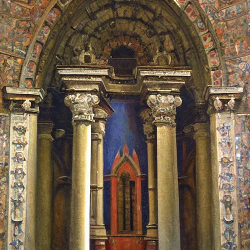 Prompt: a neo - neo - neo - neo - neo - romanesque chapel in ravenna, oil on canvas, musee d'orsay