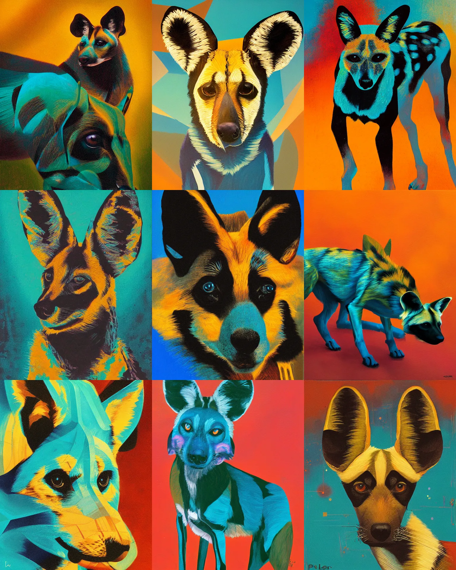 Prompt: a geometric portrait of an african wild dog in teal, by paul lehr