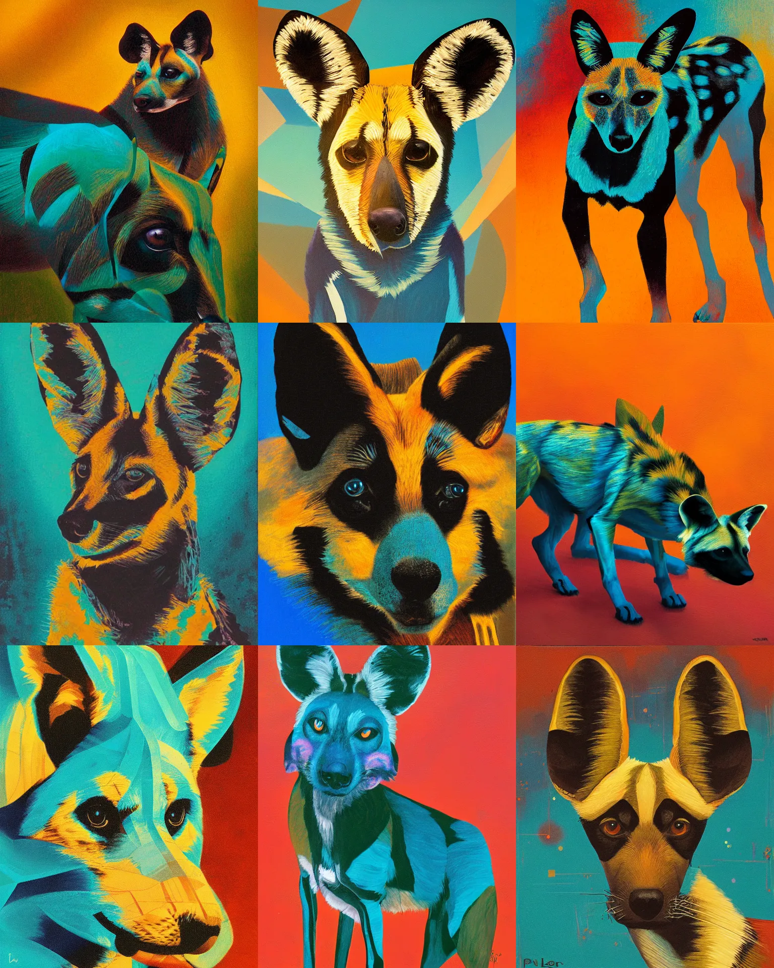 a geometric portrait of an african wild dog in teal, | Stable Diffusion