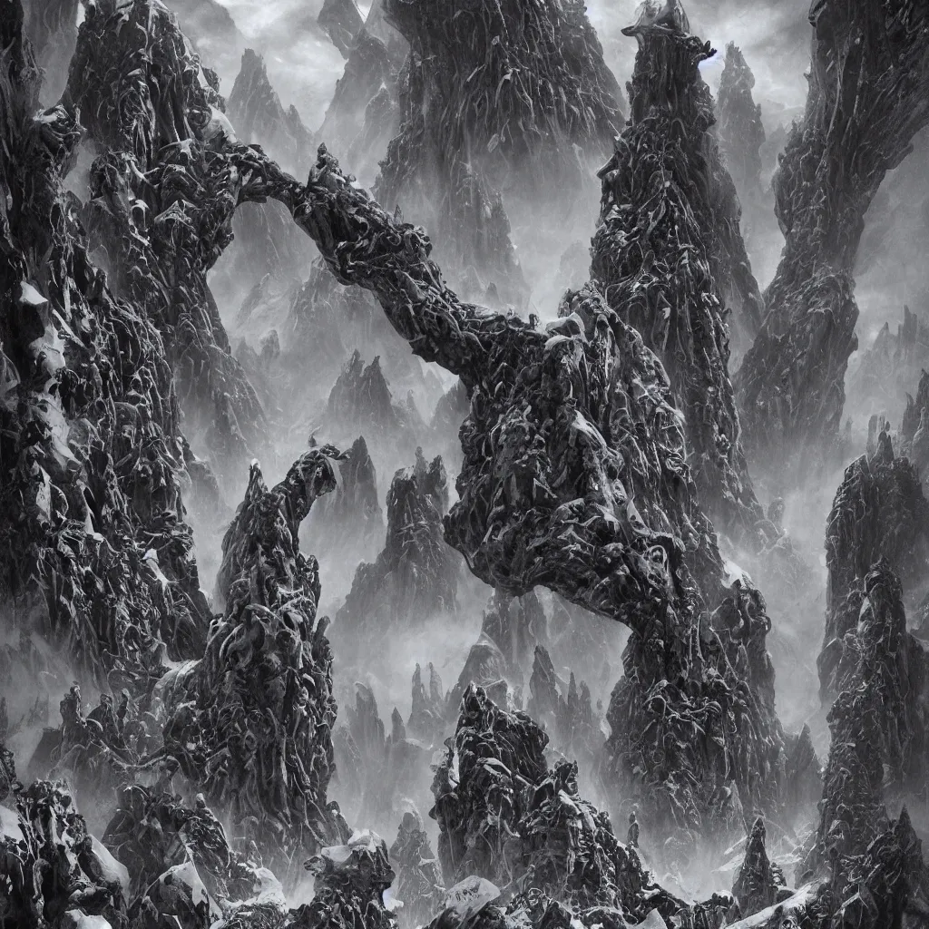 Image similar to the lovecraftian alien city of leng, cyclopean towers and vast hovering stone sculptures of chtulhu cephalopods in the mountains of antarctica, upward cinematic angle, by rodney matthews, p. craig russell and michael kaluta, psychedelic atmosphere, heavy winter aesthetics, stunning composition, alien faces, monstrous animal statues, intricate, strange, elegant, digital art, hyperdetailed, colorful hyperrealism, brilliant photorealism, horror, masterpiece, 8k