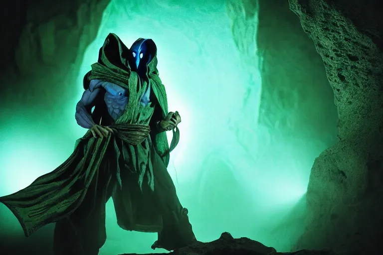 Image similar to vfx film, soul reaver, raziel irl, price of persia movie, missing jaw, hero pose, devouring magic souls, scarf, hood, glowing green soul blade, in epic ancient sacred huge cave temple, flat color profile low - key lighting award winning photography arri alexa cinematography, hyper real photorealistic cinematic beautiful, atmospheric cool colorgrade