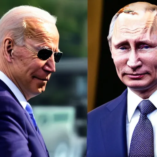 Image similar to biden and putin handshacking each other with a painful face